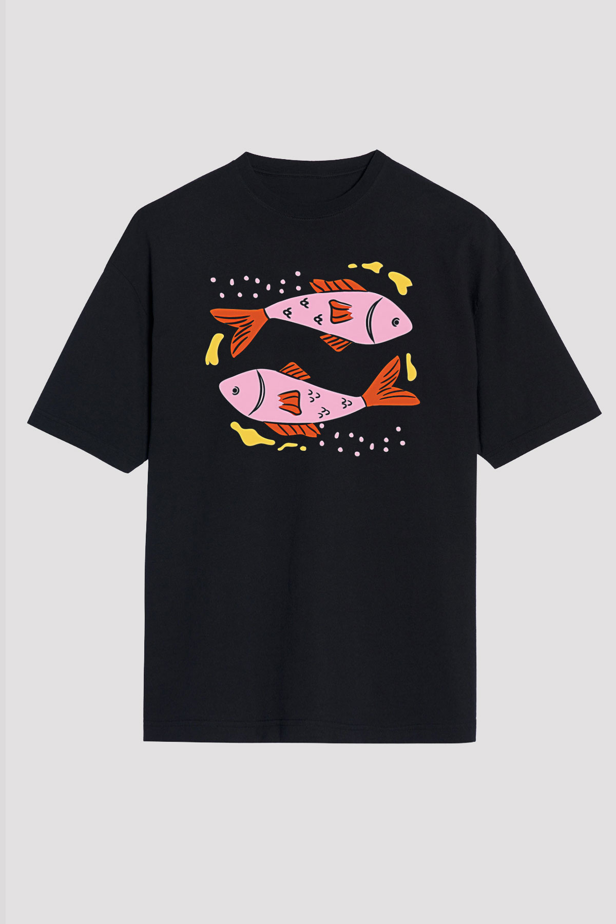 Balık Burcu Baskılı Unisex Siyah Oversize Tişört - Tshirt