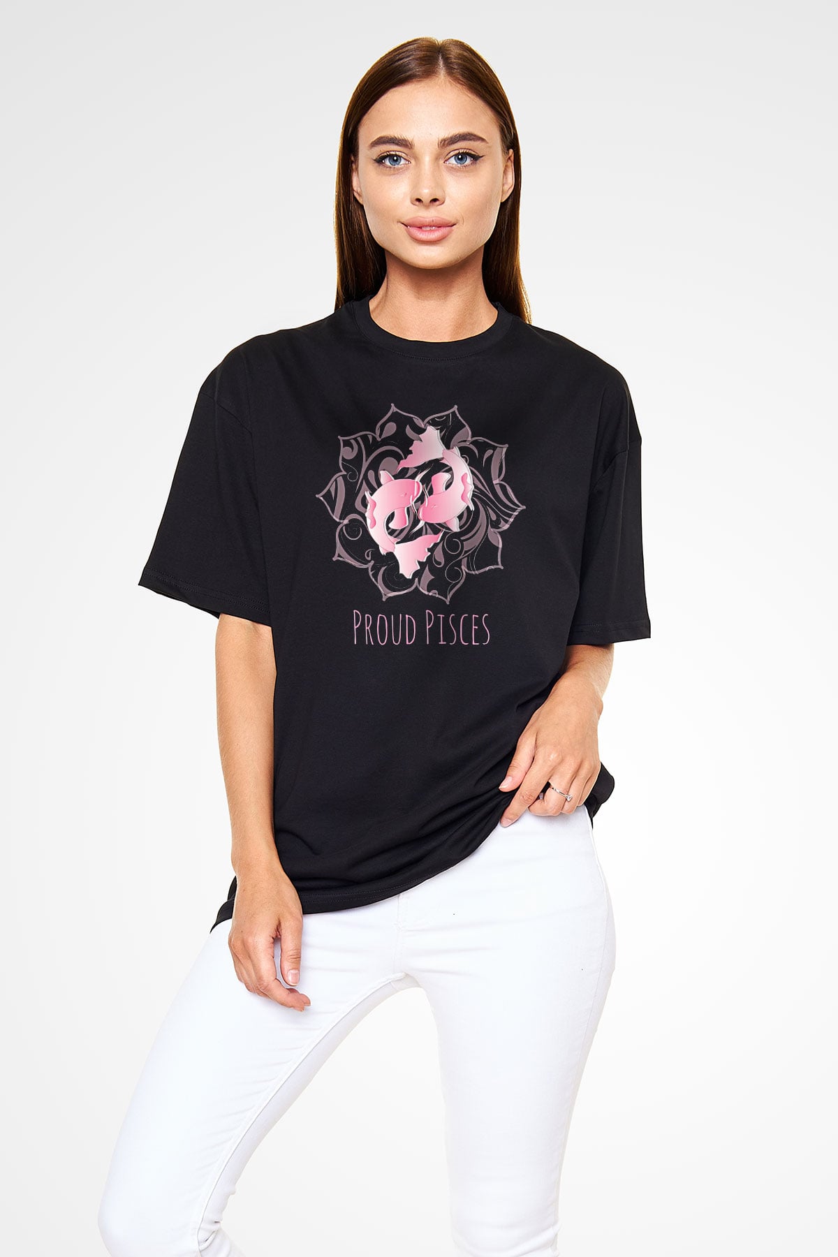 Balık Burcu Baskılı Unisex Siyah Oversize Tişört - Tshirt
