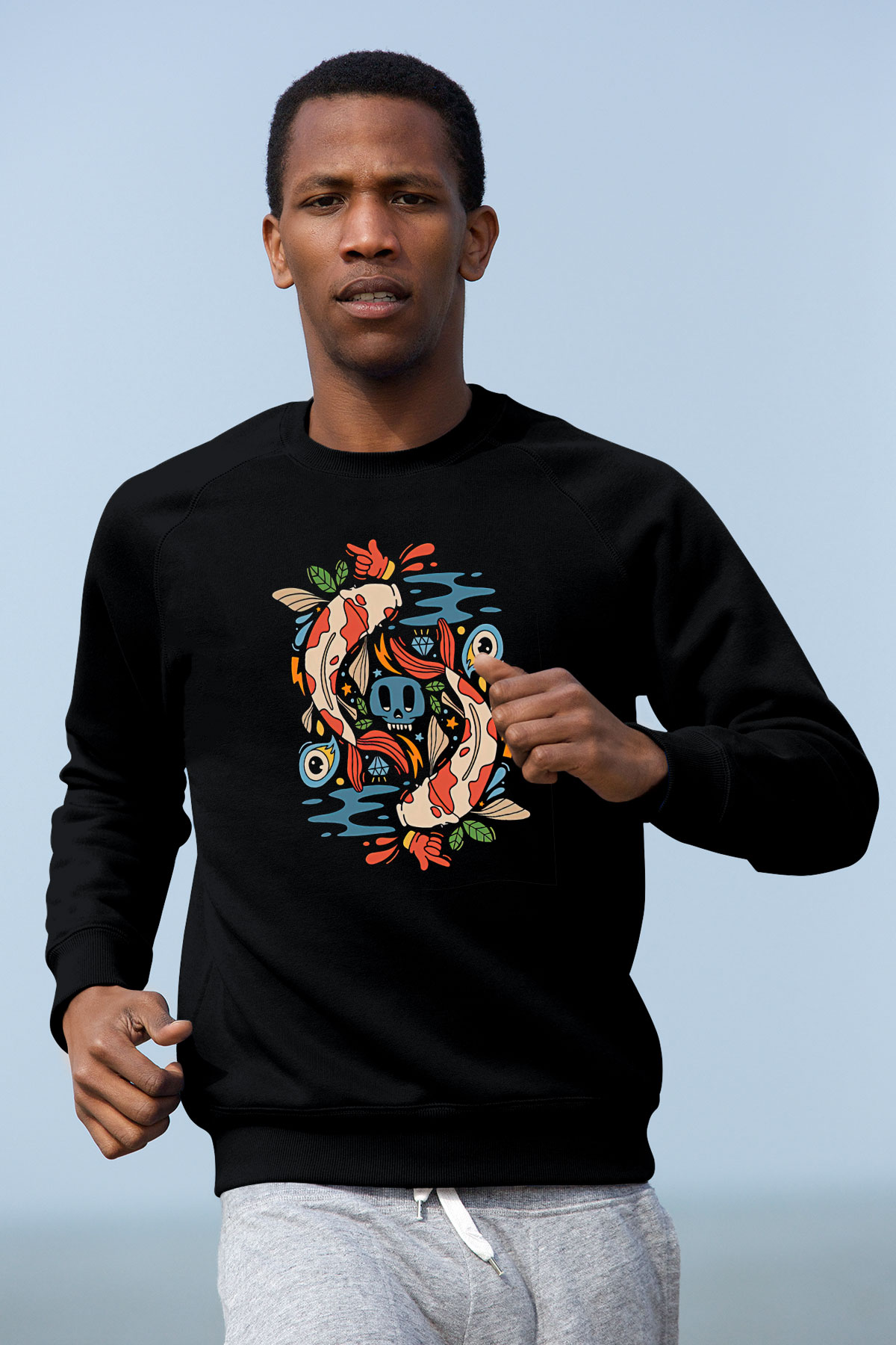 Balık Burcu Baskılı Unisex Siyah Sweatshirt