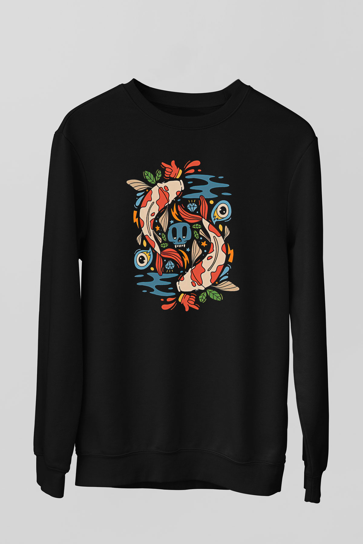 Balık Burcu Baskılı Unisex Siyah Sweatshirt
