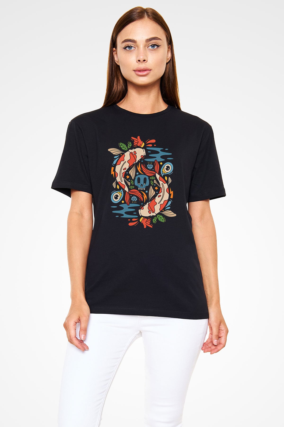 Balık Burcu Baskılı Unisex Siyah Tişört - Tshirt