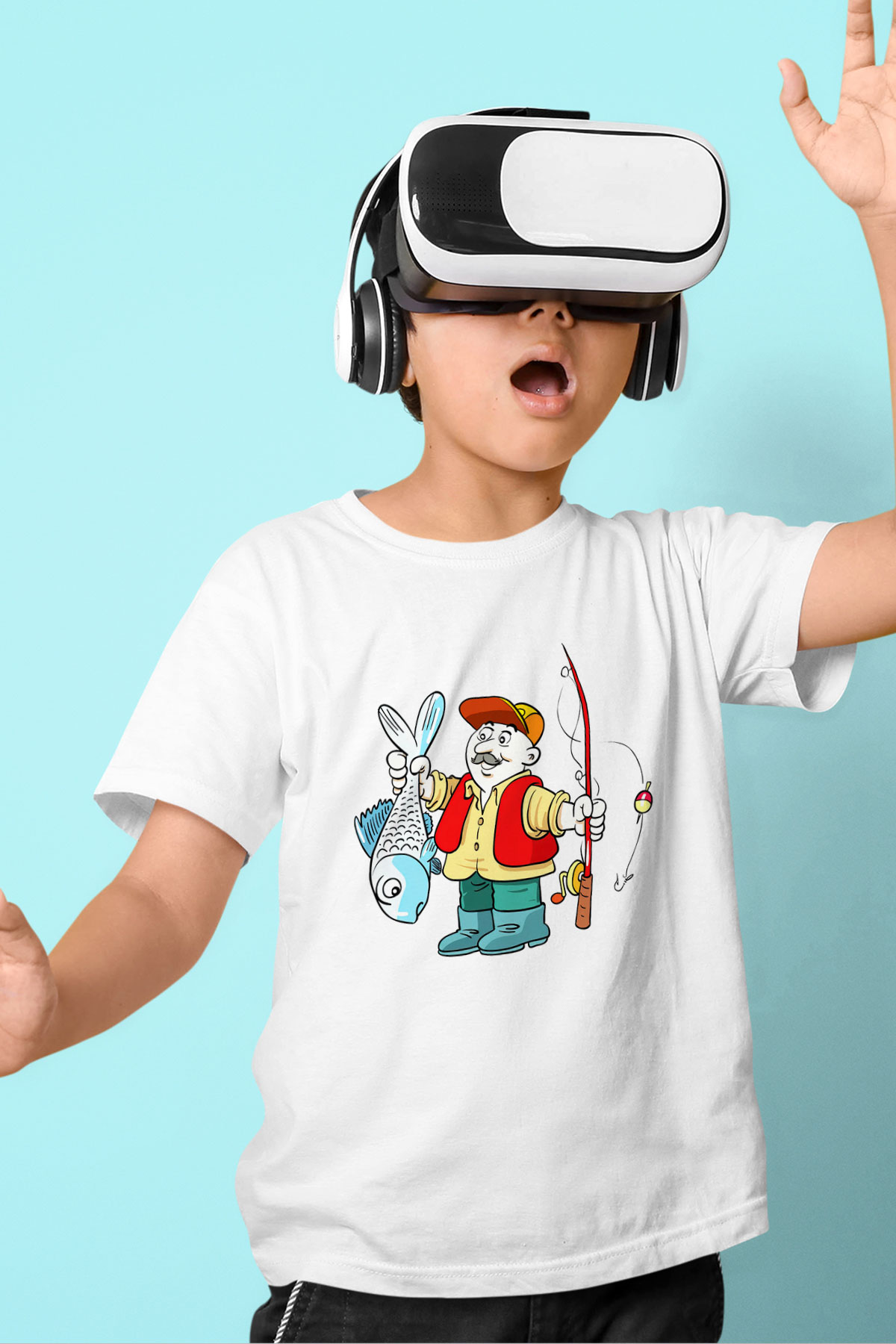 Balıkçı Baskılı Beyaz Unisex Çocuk Tişört