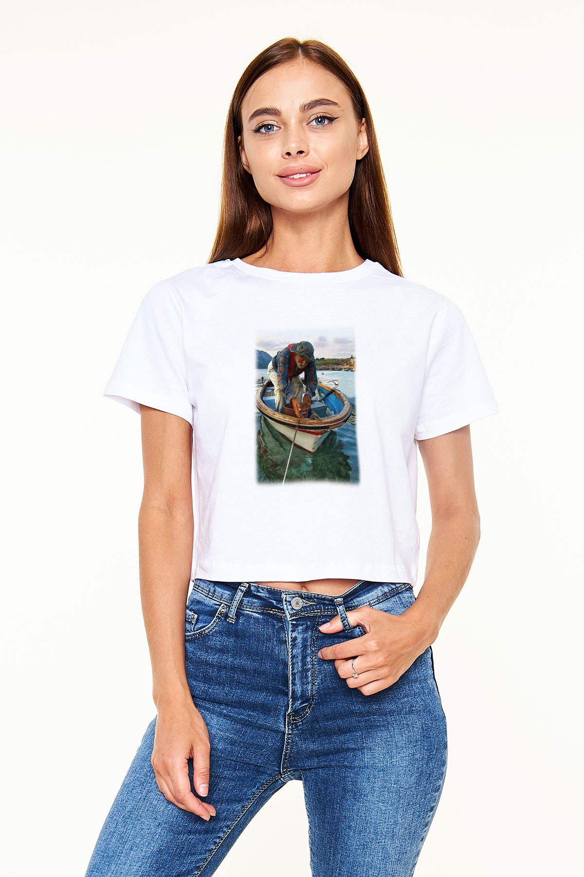 Balıkçı Beyaz Croptop Tişört