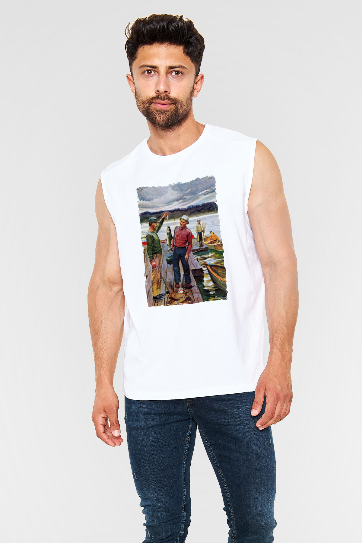 Balıkçı Beyaz Unisex Kolsuz Tişört