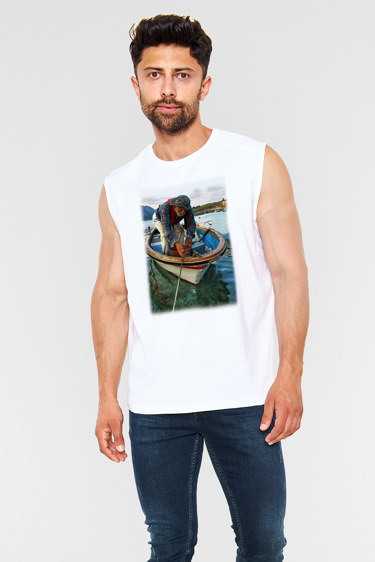 Balıkçı Beyaz Unisex Kolsuz Tişört