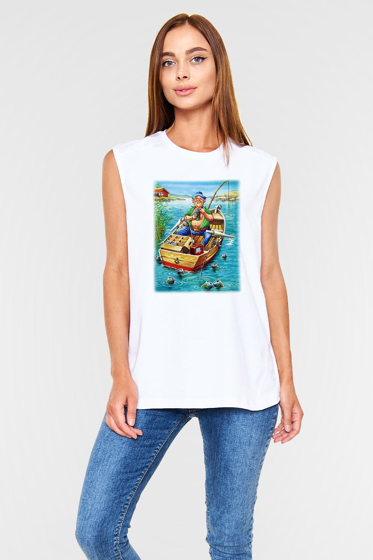 Balıkçı Beyaz Unisex Kolsuz Tişört