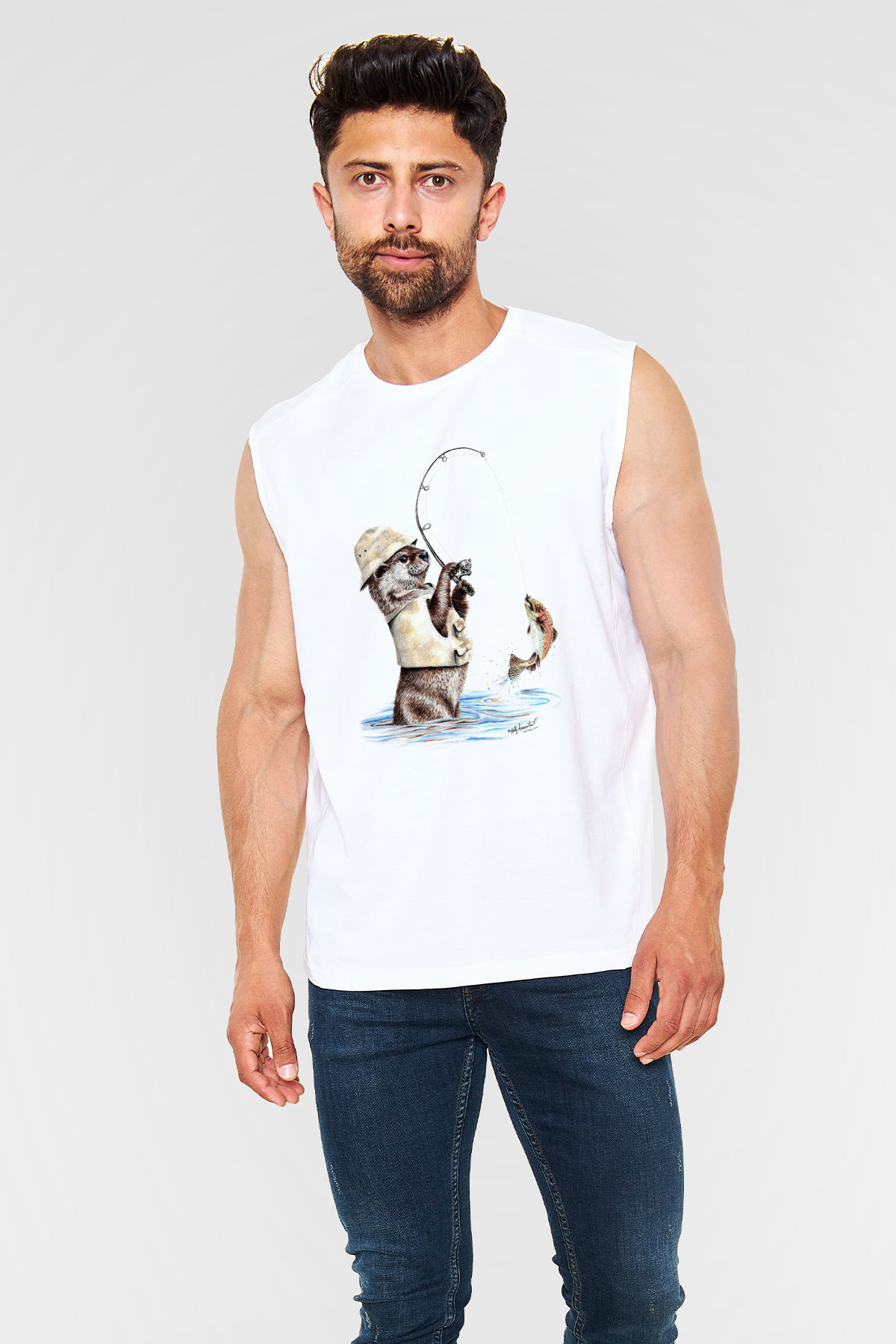 Balıkçı Beyaz Unisex Kolsuz Tişört