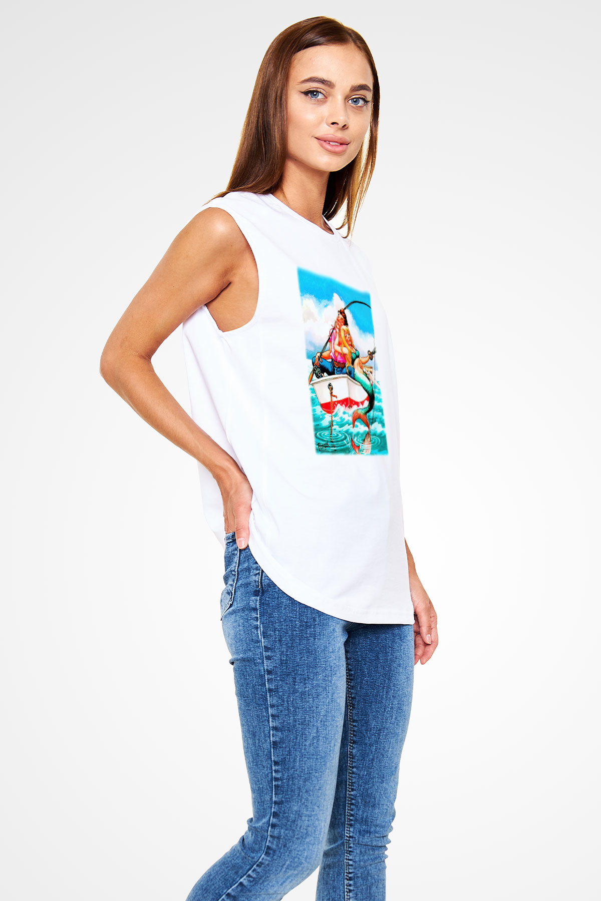 Balıkçı Beyaz Unisex Kolsuz Tişört
