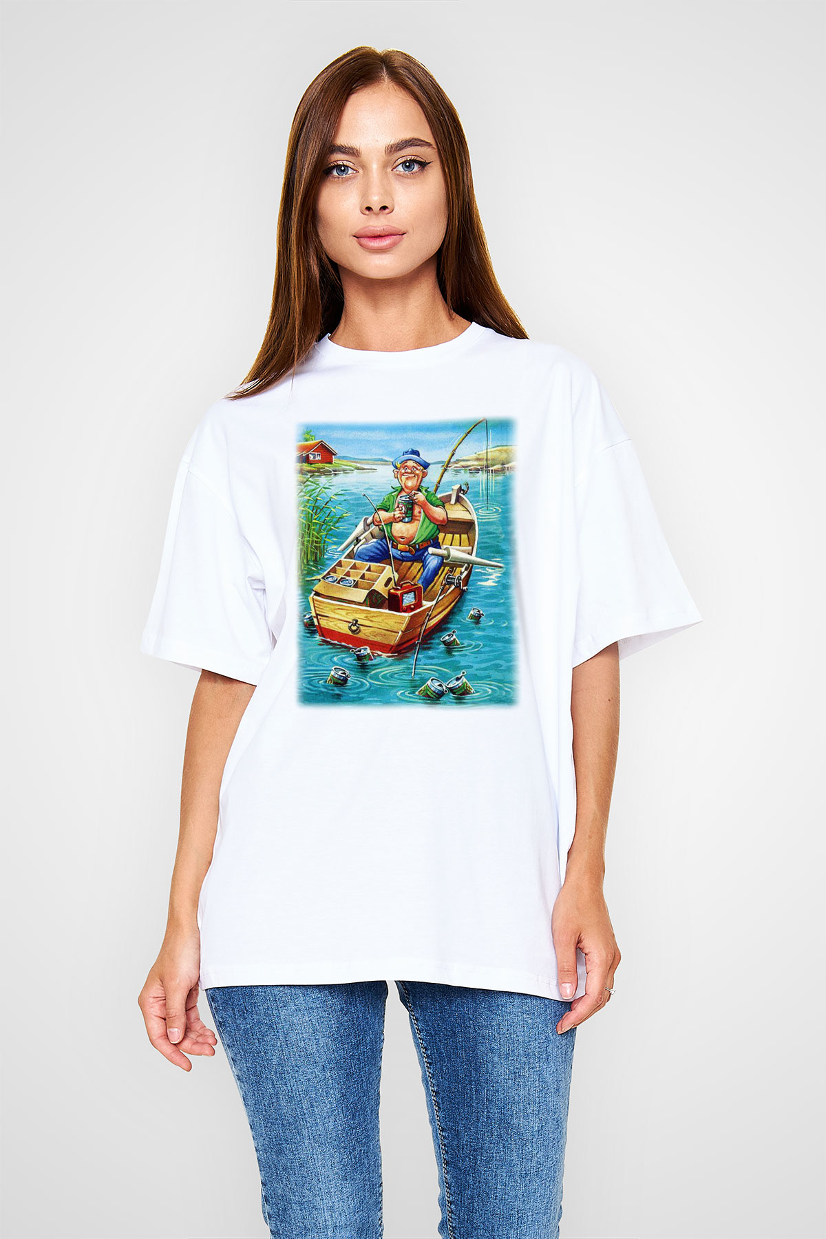 Balıkçı Beyaz Unisex Oversize Tişört T-Shirt