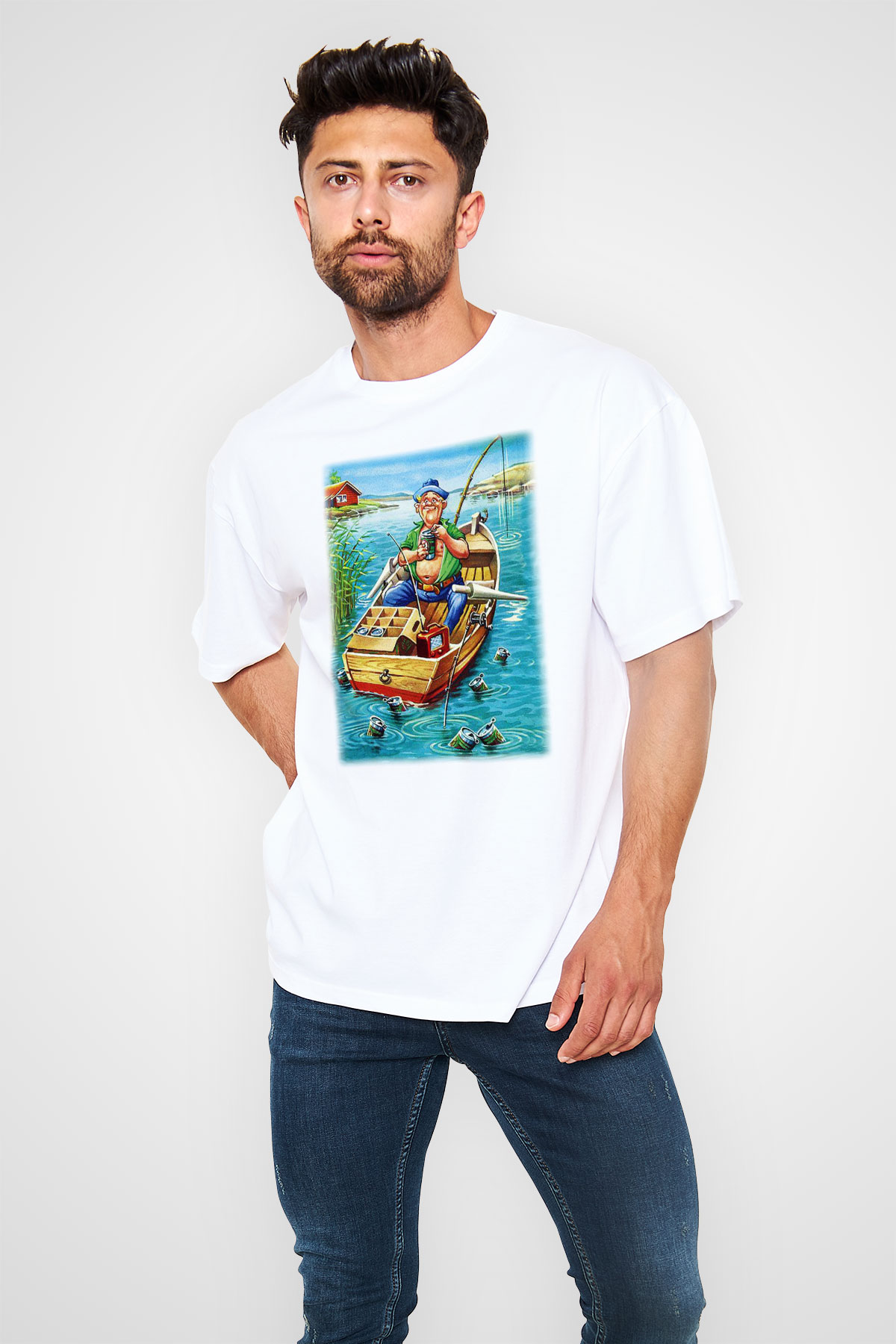 Balıkçı Beyaz Unisex Oversize Tişört T-Shirt