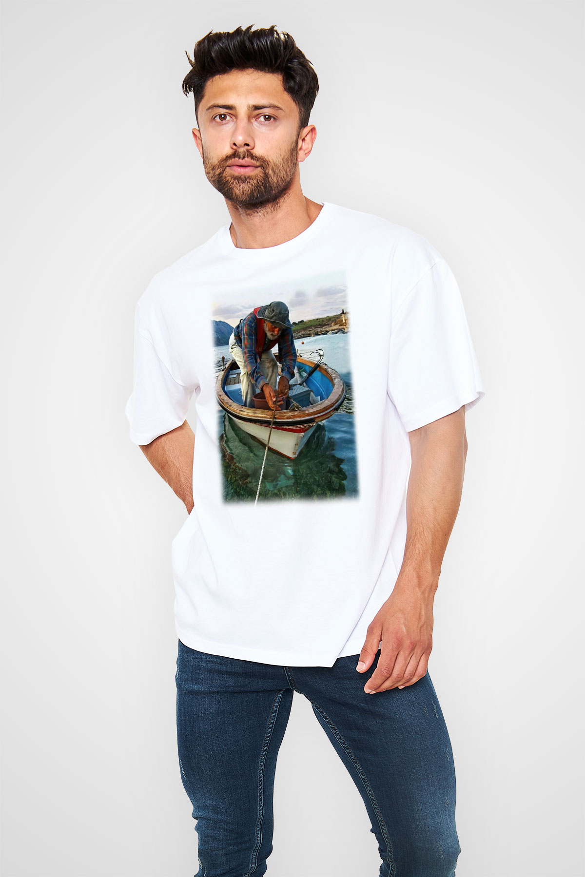 Balıkçı Beyaz Unisex Oversize Tişört T-Shirt
