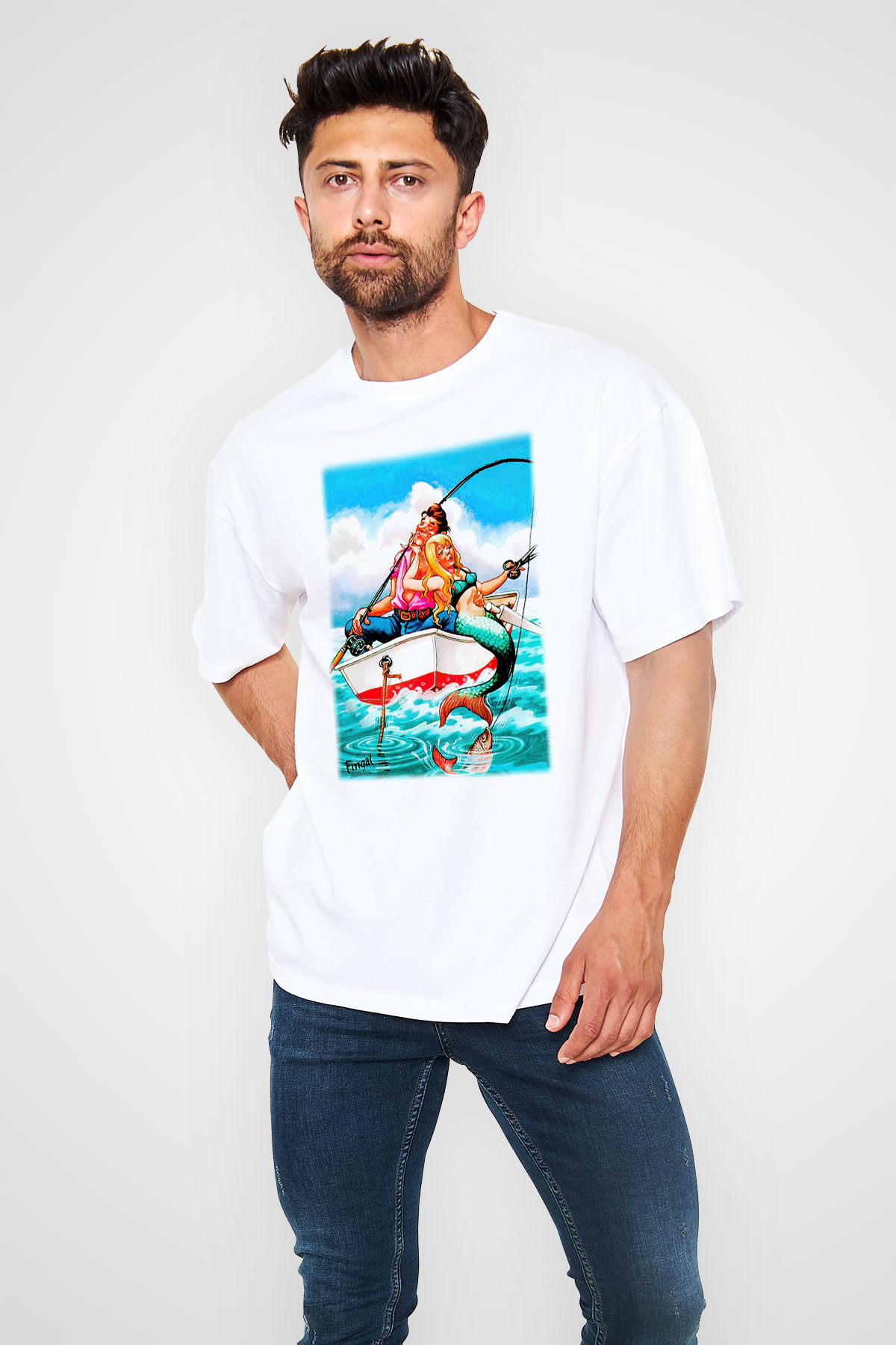 Balıkçı Beyaz Unisex Oversize Tişört T-Shirt