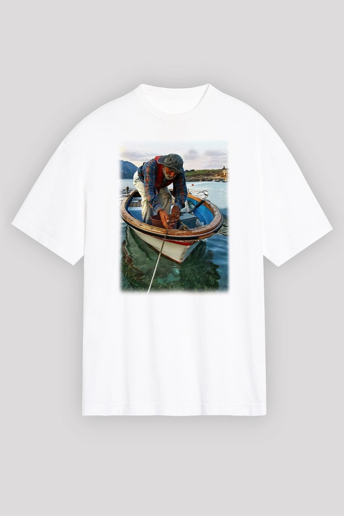 Balıkçı Beyaz Unisex Oversize Tişört T-Shirt