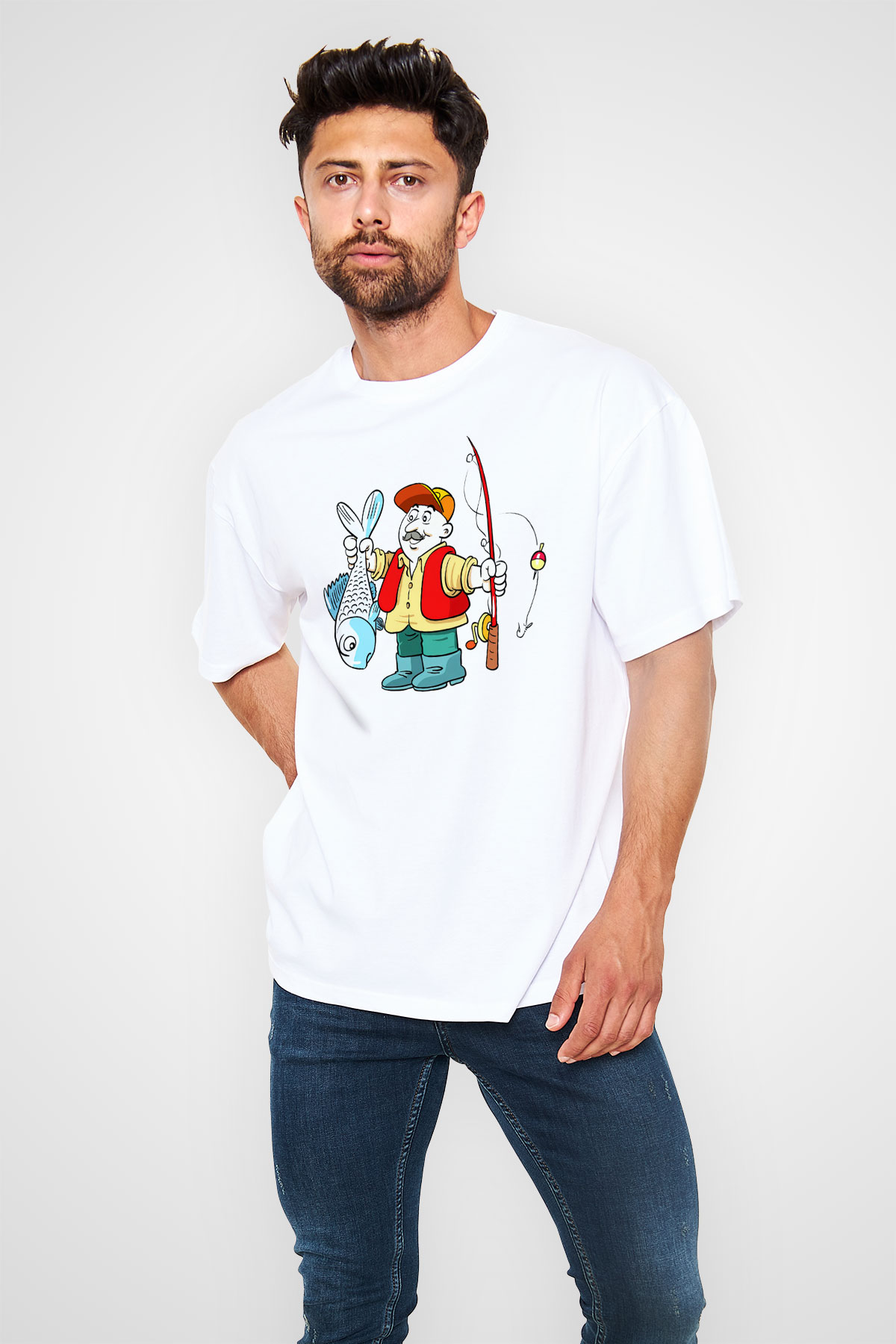 Balıkçı Beyaz Unisex Oversize Tişört T-Shirt