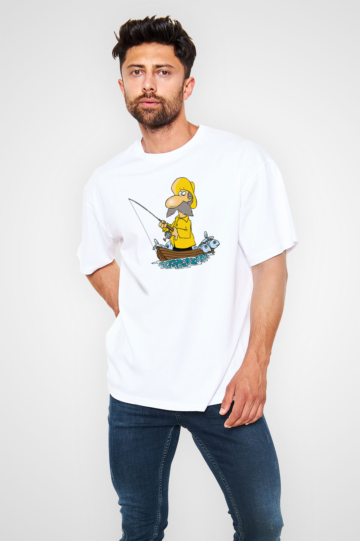 Balıkçı Beyaz Unisex Oversize Tişört T-Shirt