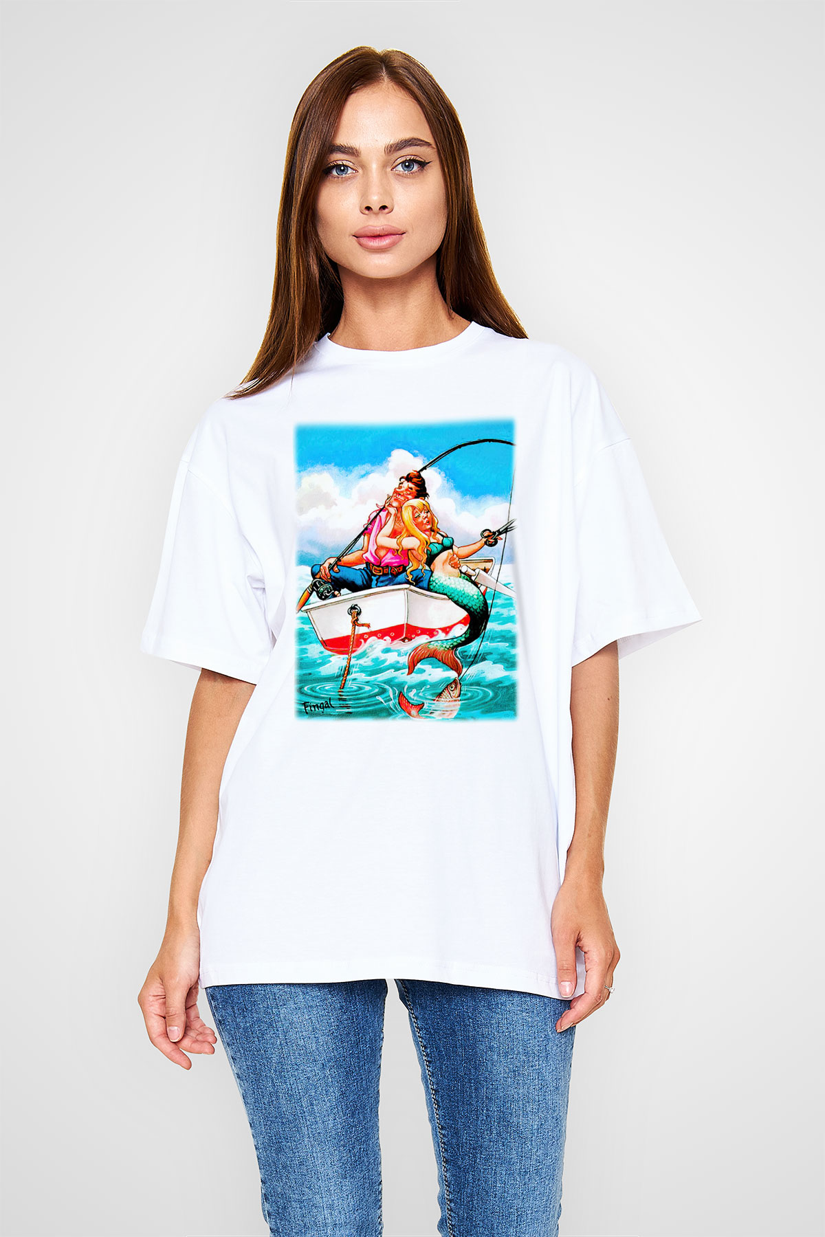Balıkçı Beyaz Unisex Oversize Tişört T-Shirt