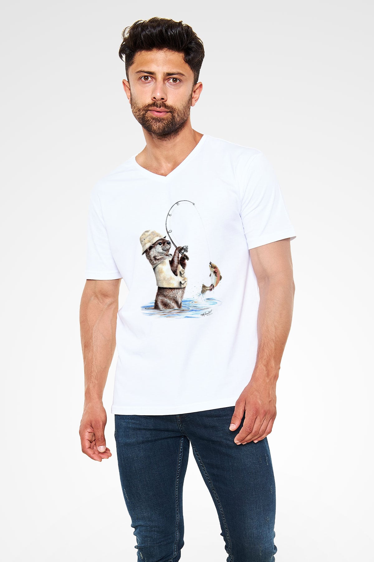 Balıkçı Beyaz Unisex V Yaka Tişört