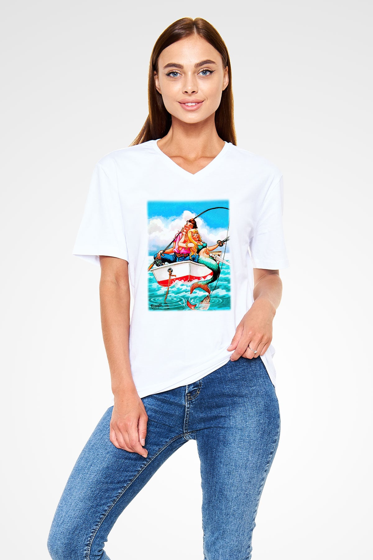 Balıkçı Beyaz Unisex V Yaka Tişört T-Shirt