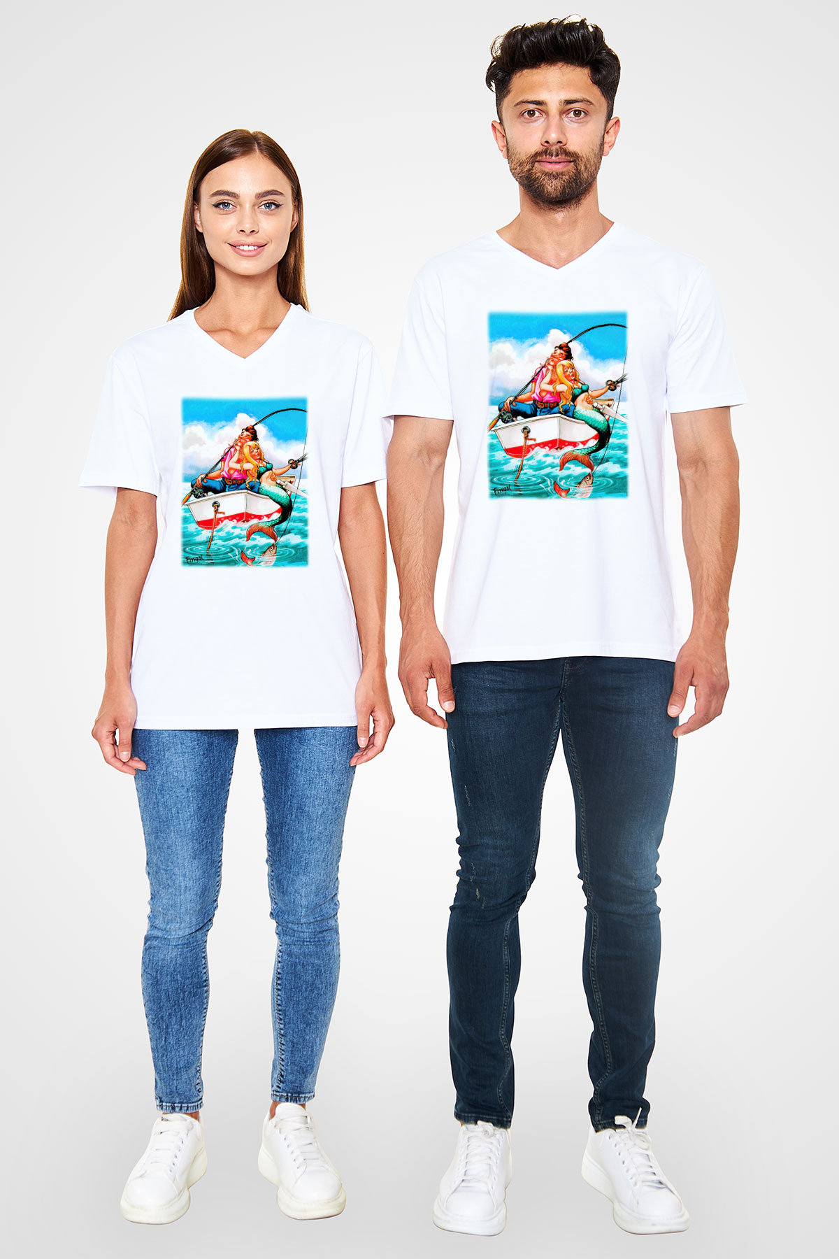 Balıkçı Beyaz Unisex V Yaka Tişört T-Shirt