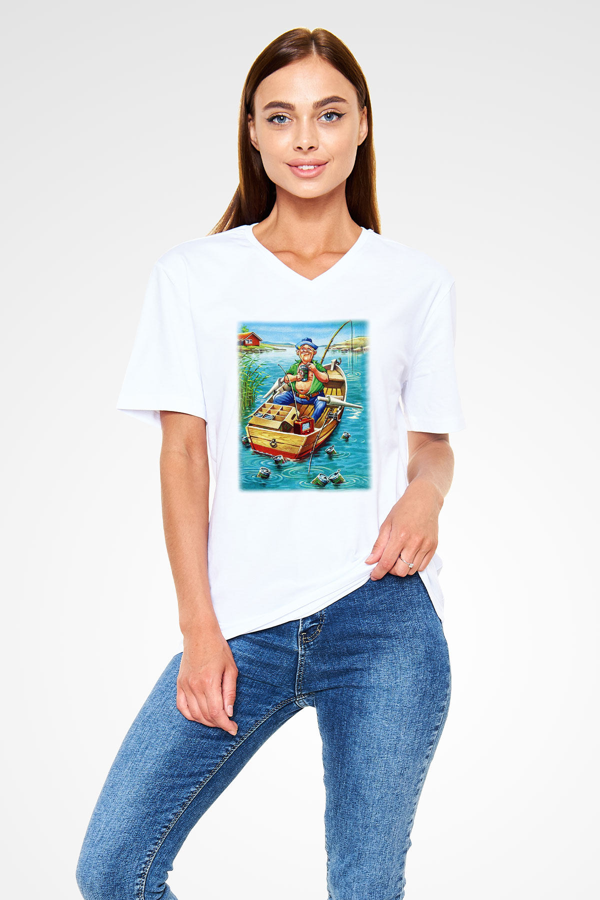 Balıkçı Beyaz Unisex V Yaka Tişört T-Shirt