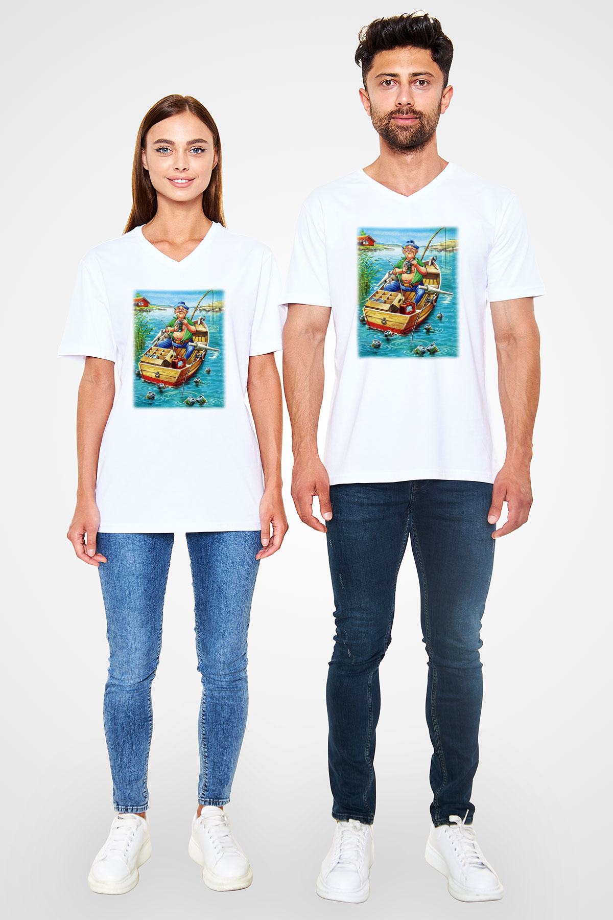 Balıkçı Beyaz Unisex V Yaka Tişört T-Shirt