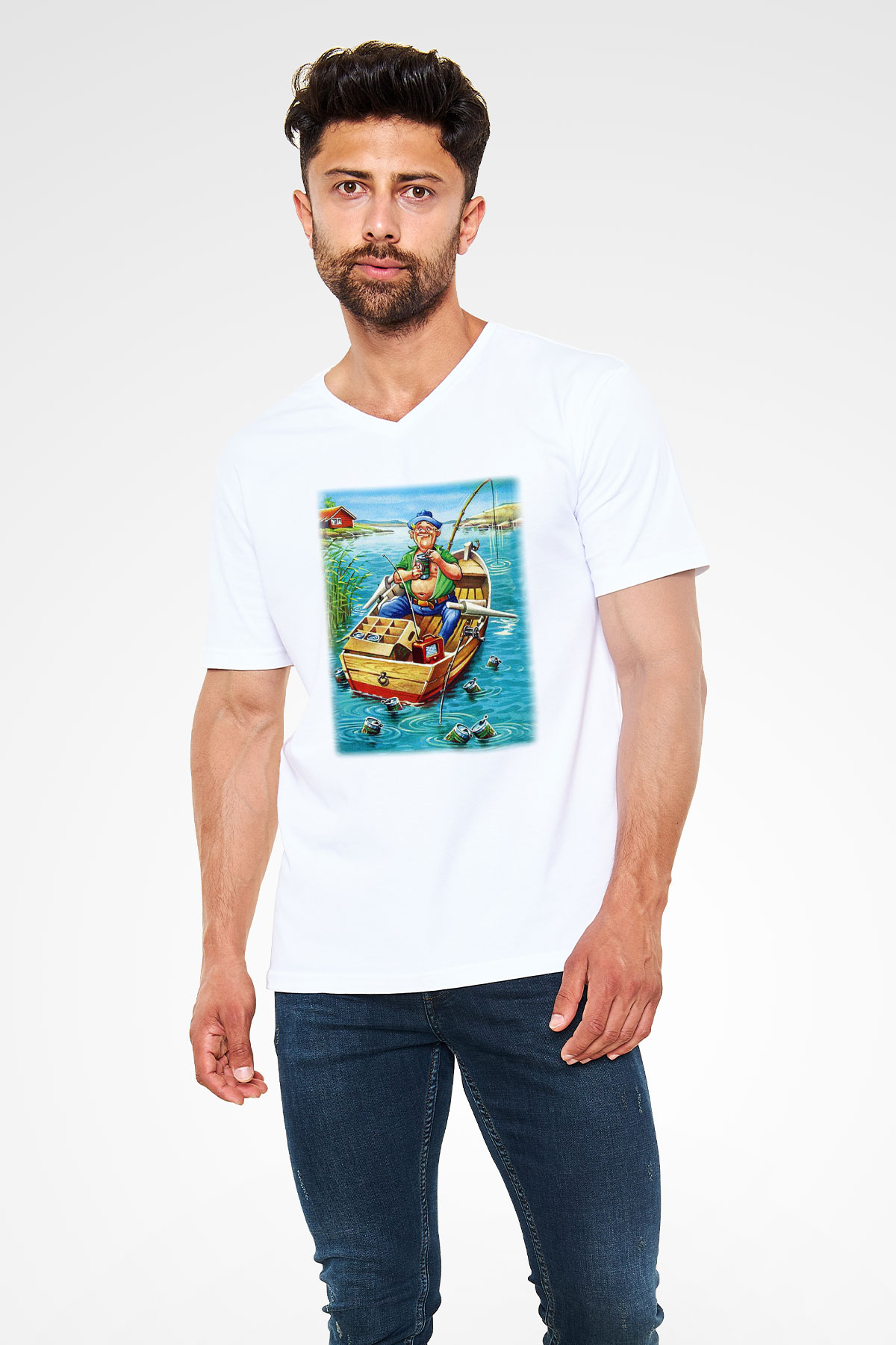 Balıkçı Beyaz Unisex V Yaka Tişört T-Shirt