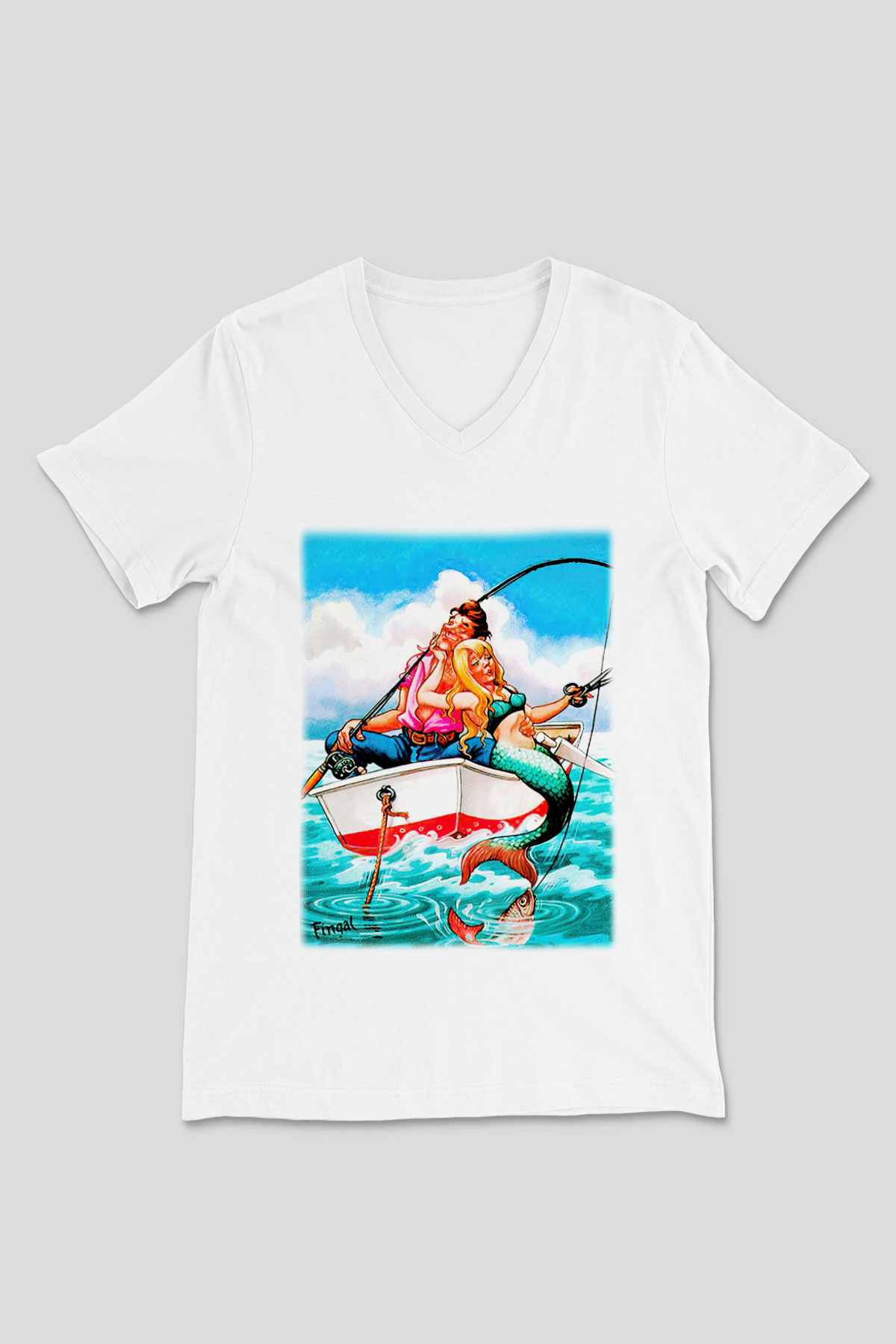 Balıkçı Beyaz Unisex V Yaka Tişört T-Shirt