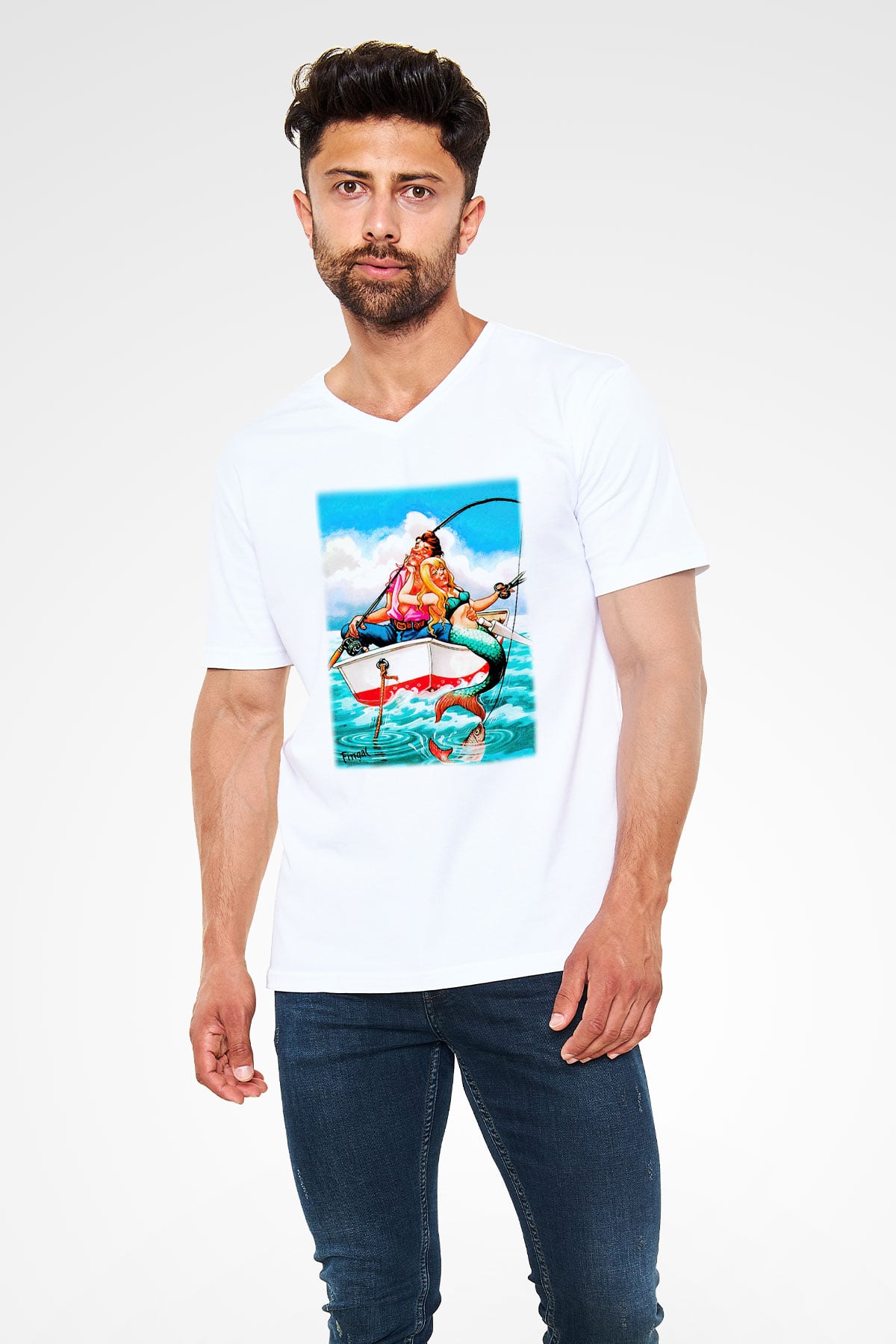 Balıkçı Beyaz Unisex V Yaka Tişört T-Shirt