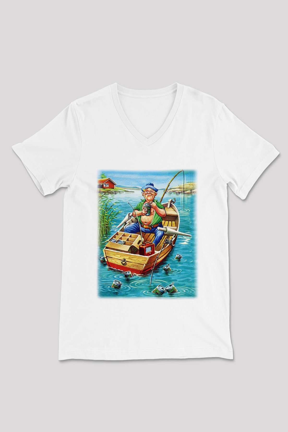 Balıkçı Beyaz Unisex V Yaka Tişört T-Shirt