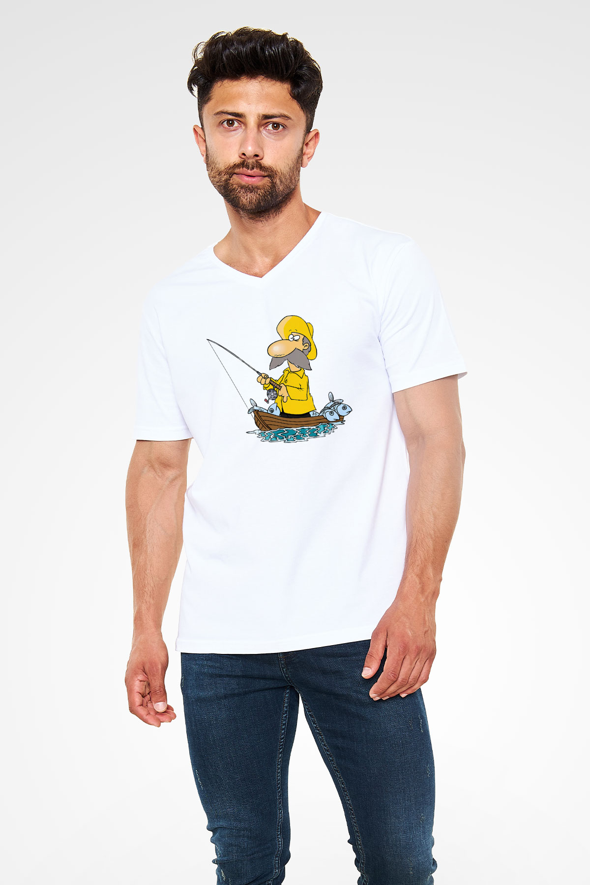 Balıkçı Beyaz Unisex V Yaka Tişört T-Shirt