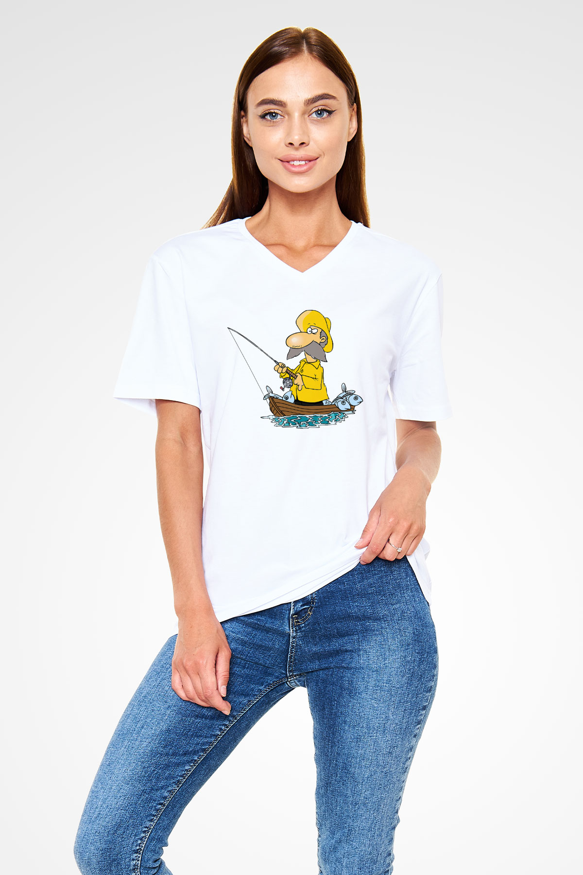 Balıkçı Beyaz Unisex V Yaka Tişört T-Shirt