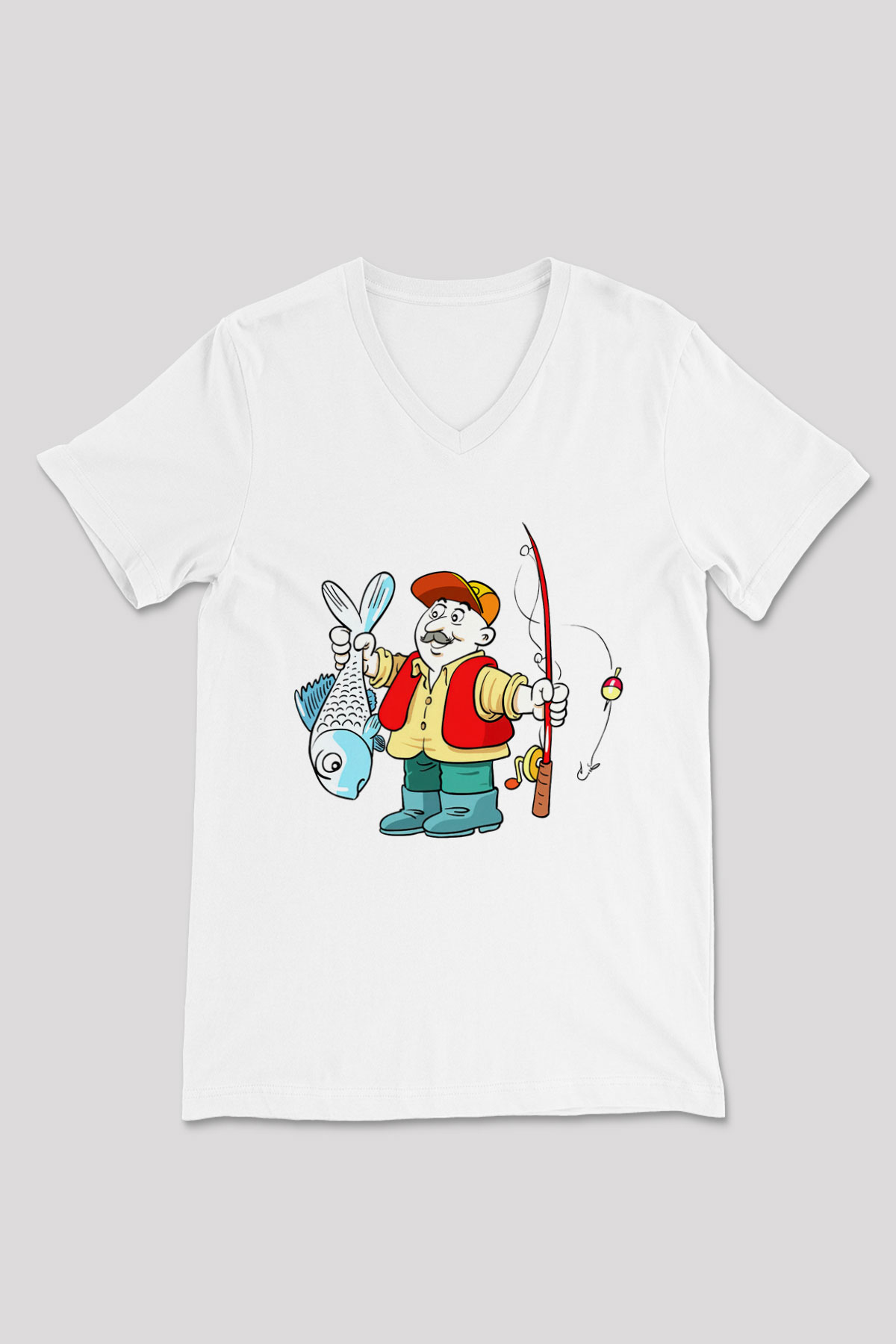 Balıkçı Beyaz Unisex V Yaka Tişört T-Shirt