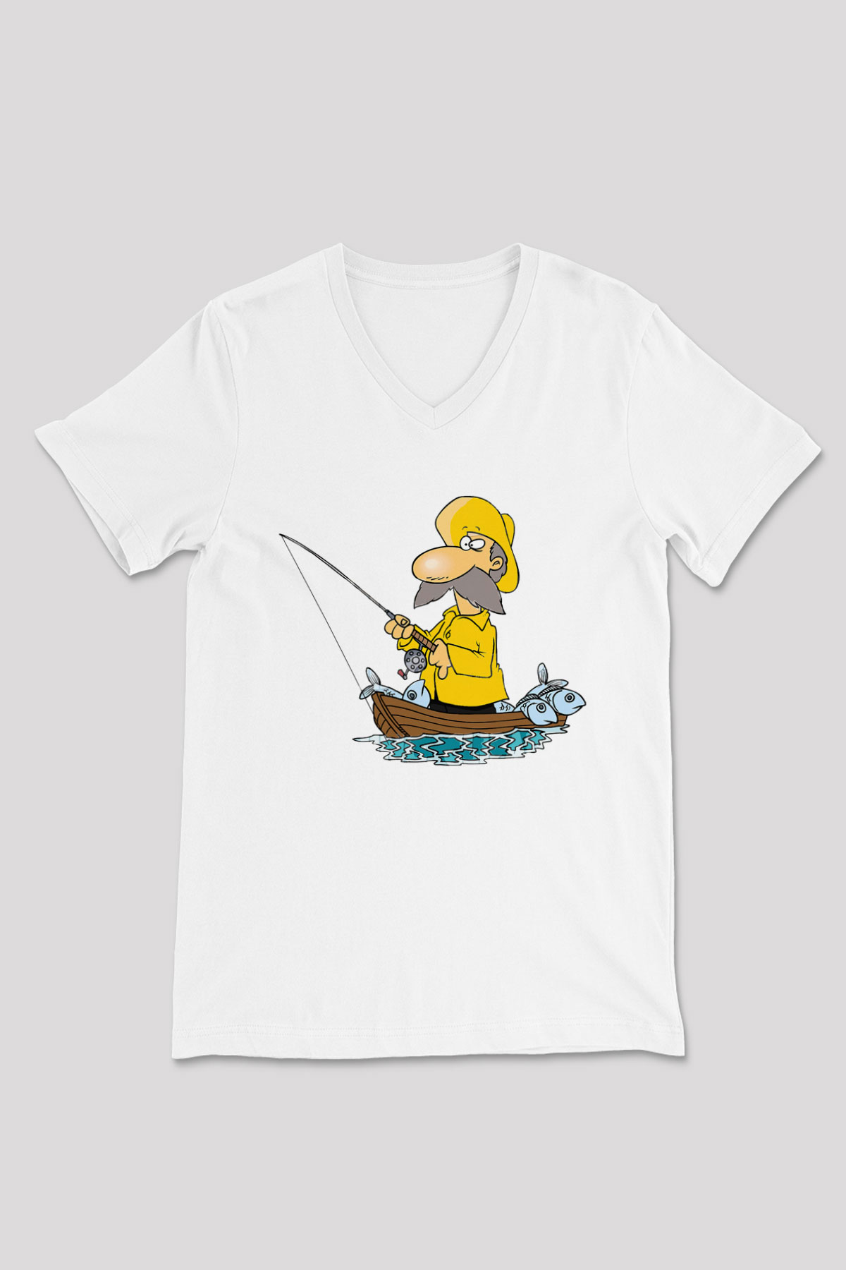 Balıkçı Beyaz Unisex V Yaka Tişört T-Shirt