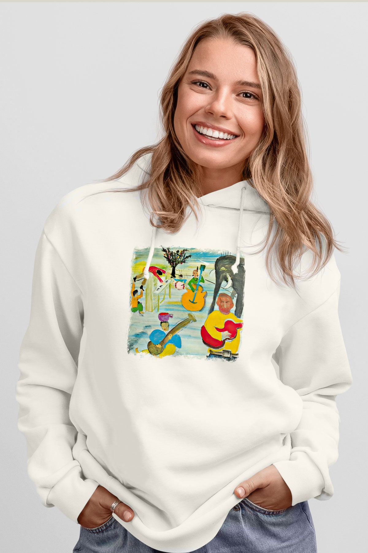 Band Baskılı Unisex Beyaz Hoodie