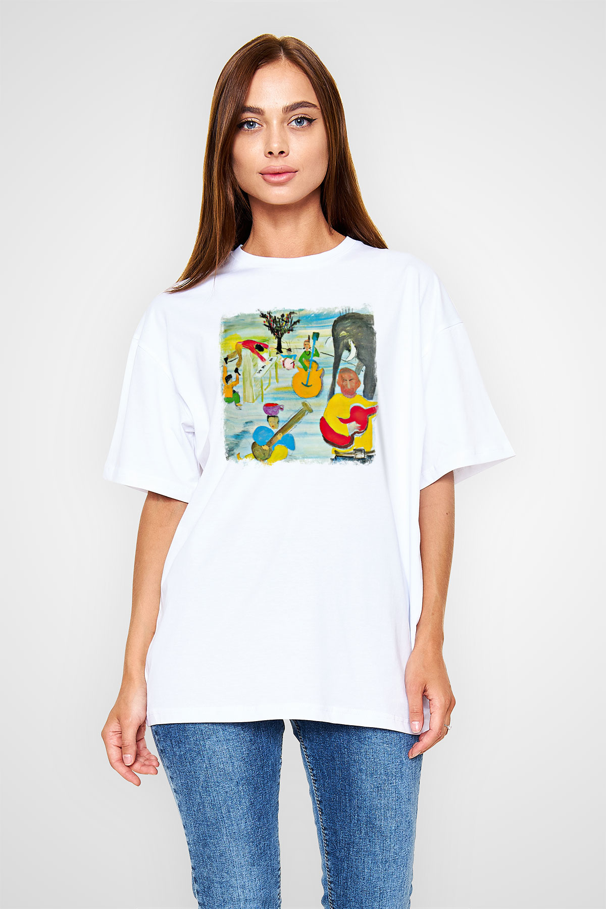 Band Baskılı Unisex Beyaz Oversize Tişört