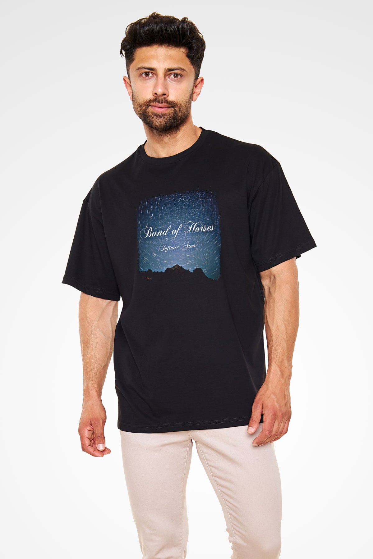 Band of Horses Baskılı Unisex Siyah Oversize Tişört