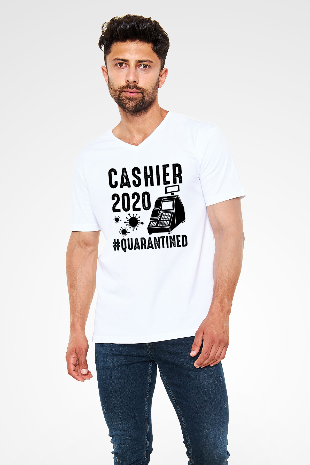 Bankacı Beyaz Unisex V Yaka Tişört