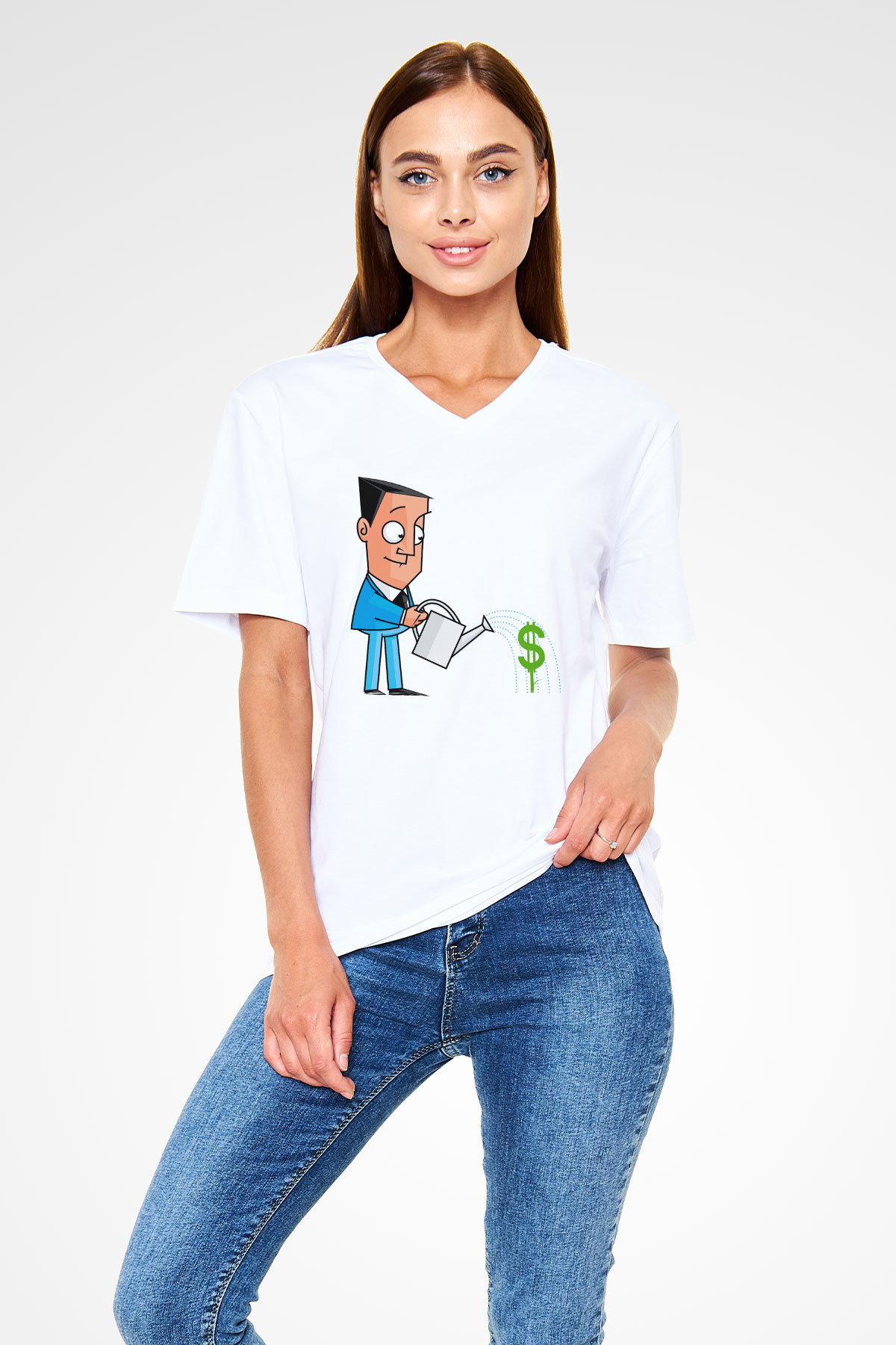 Bankacı Beyaz Unisex V Yaka Tişört