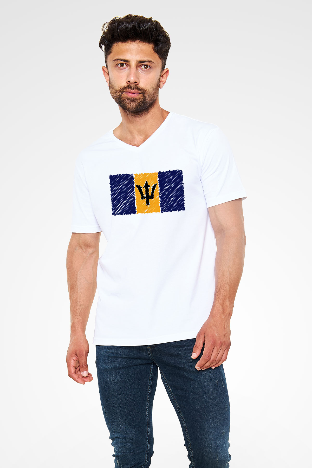 Barbados Beyaz Unisex V Yaka Tişört T-Shirt