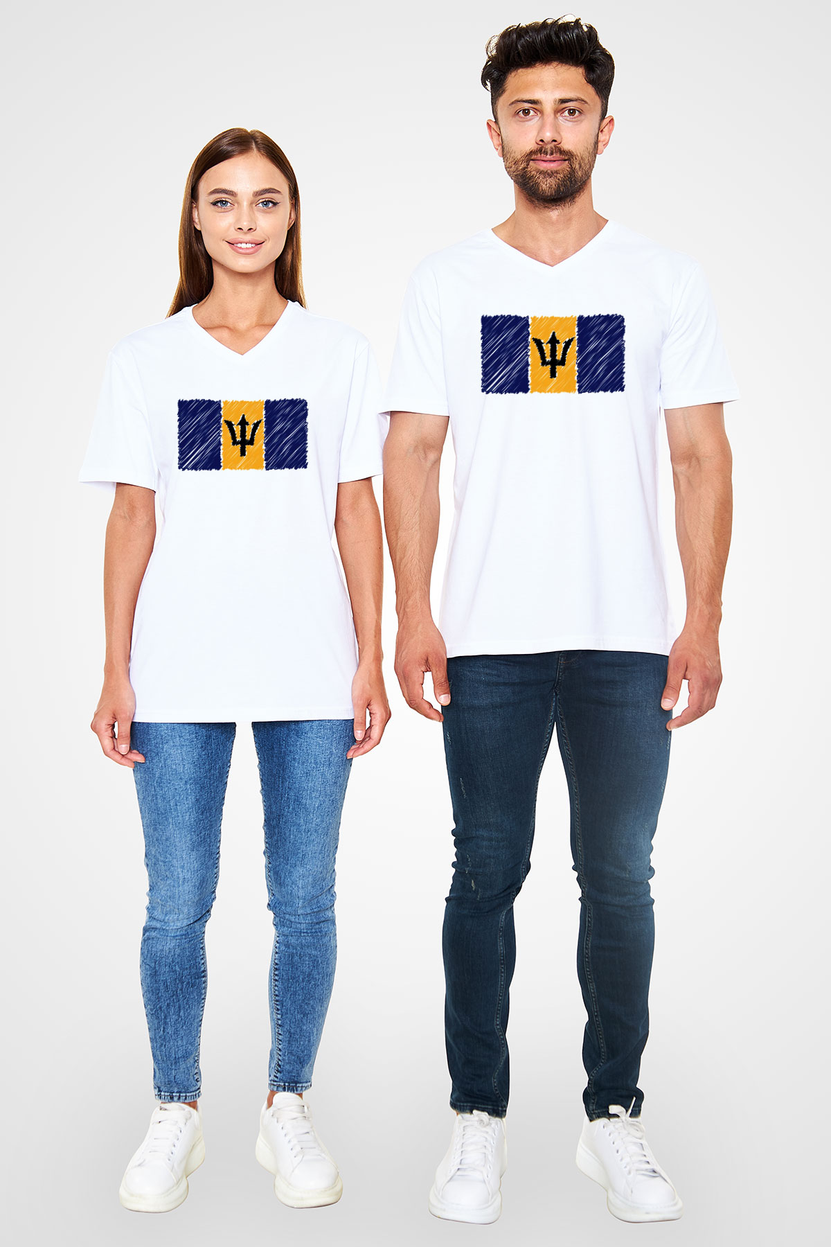 Barbados Beyaz Unisex V Yaka Tişört T-Shirt