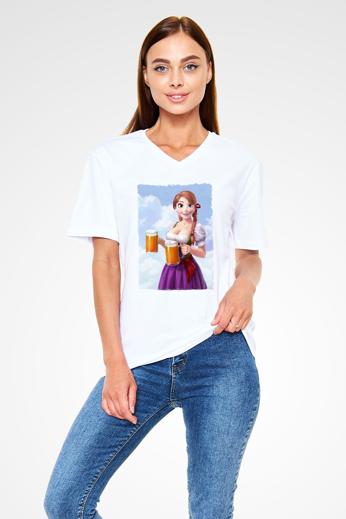 Barmaid Beyaz Unisex V Yaka Tişört