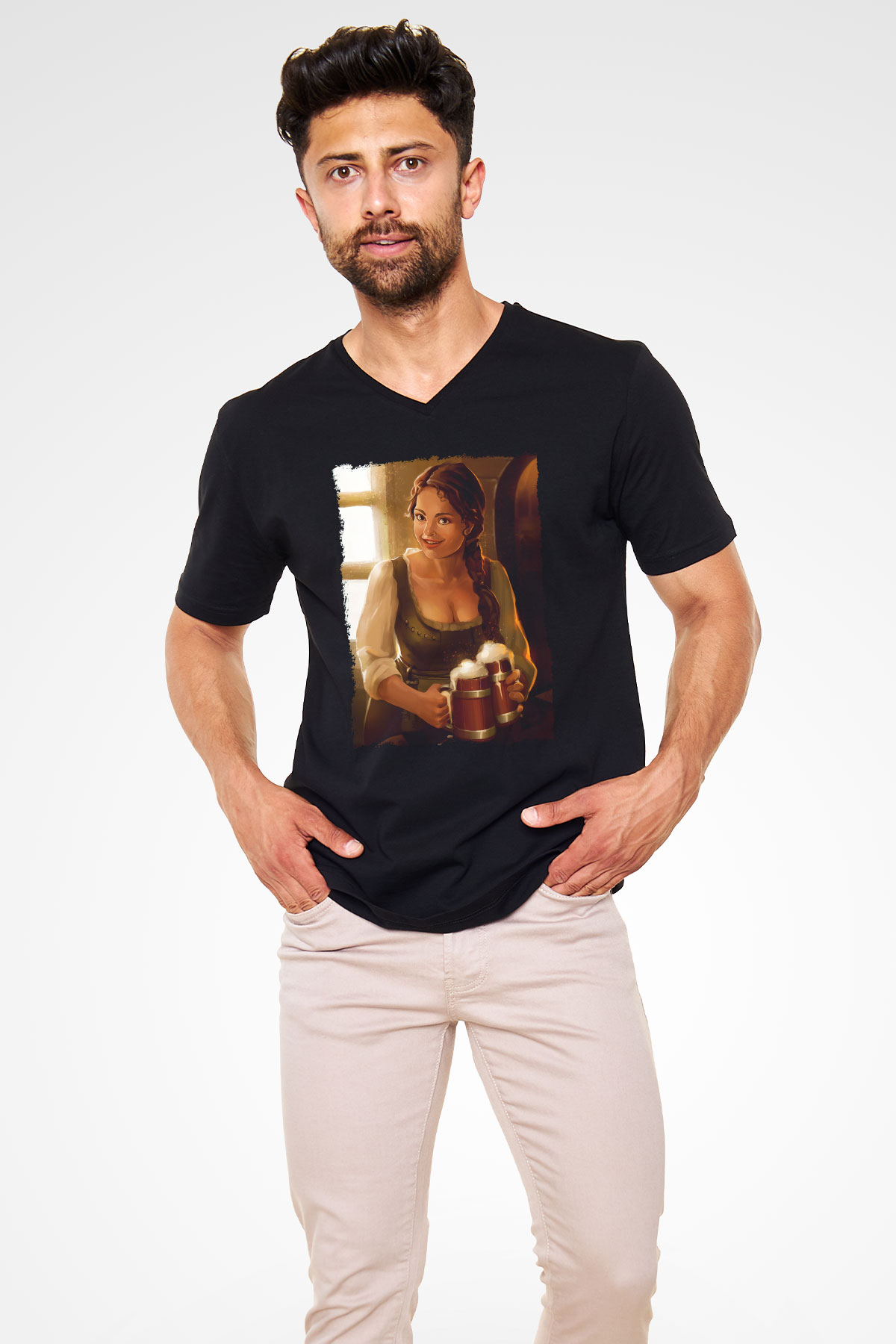 Barmaid Siyah Unisex V Yaka Tişört
