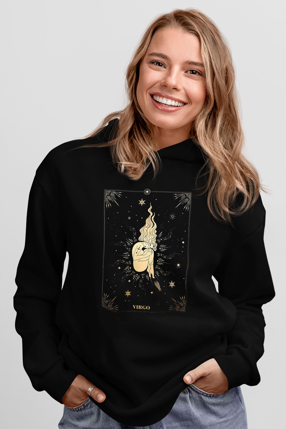 Başak Burcu Baskılı Unisex Siyah Hoodie