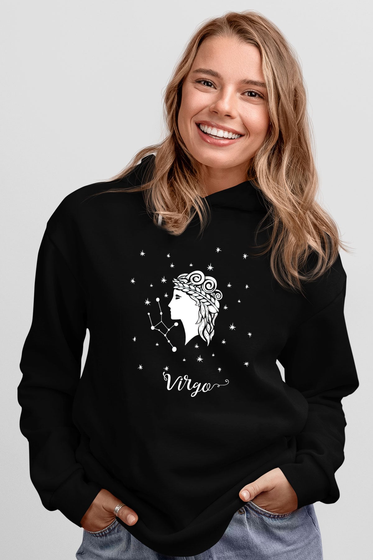 Başak Burcu Baskılı Unisex Siyah Hoodie