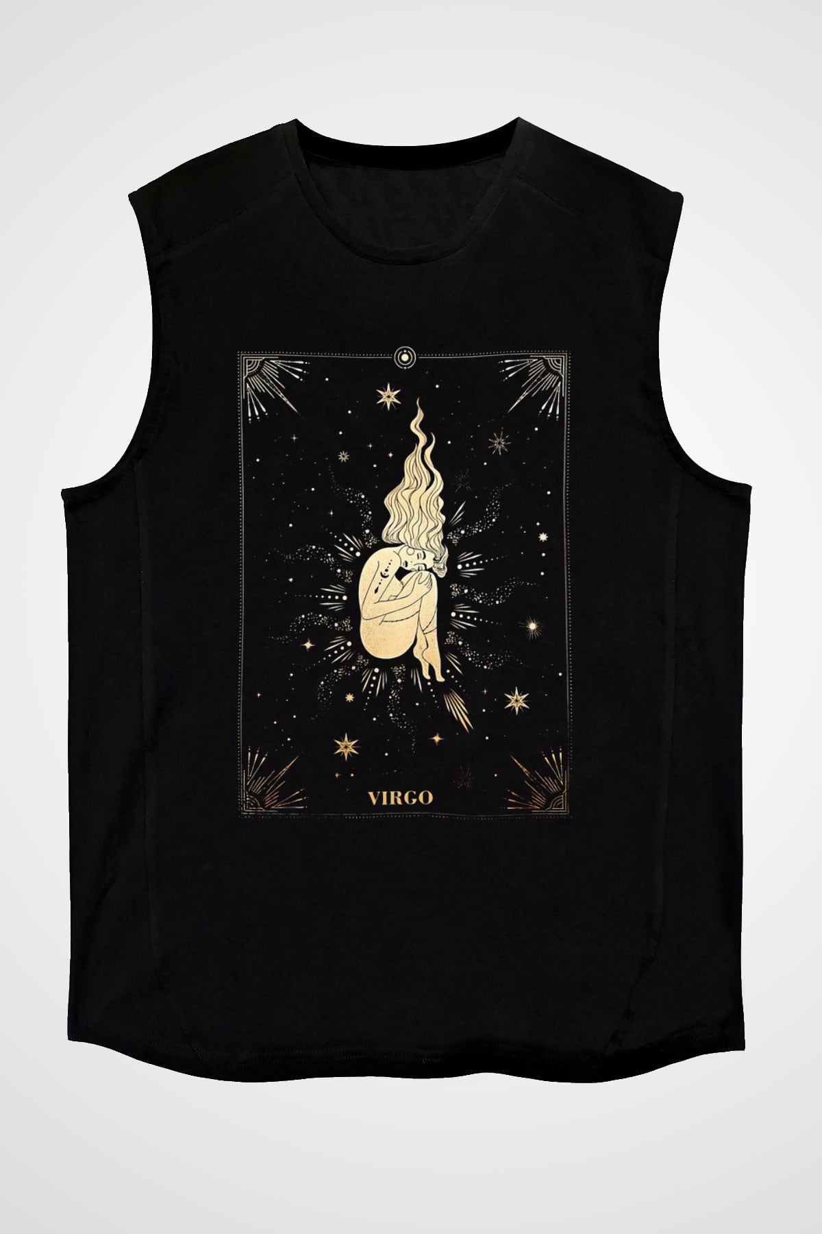 Başak Burcu Baskılı Unisex Siyah Kolsuz Tişört - Tshirt