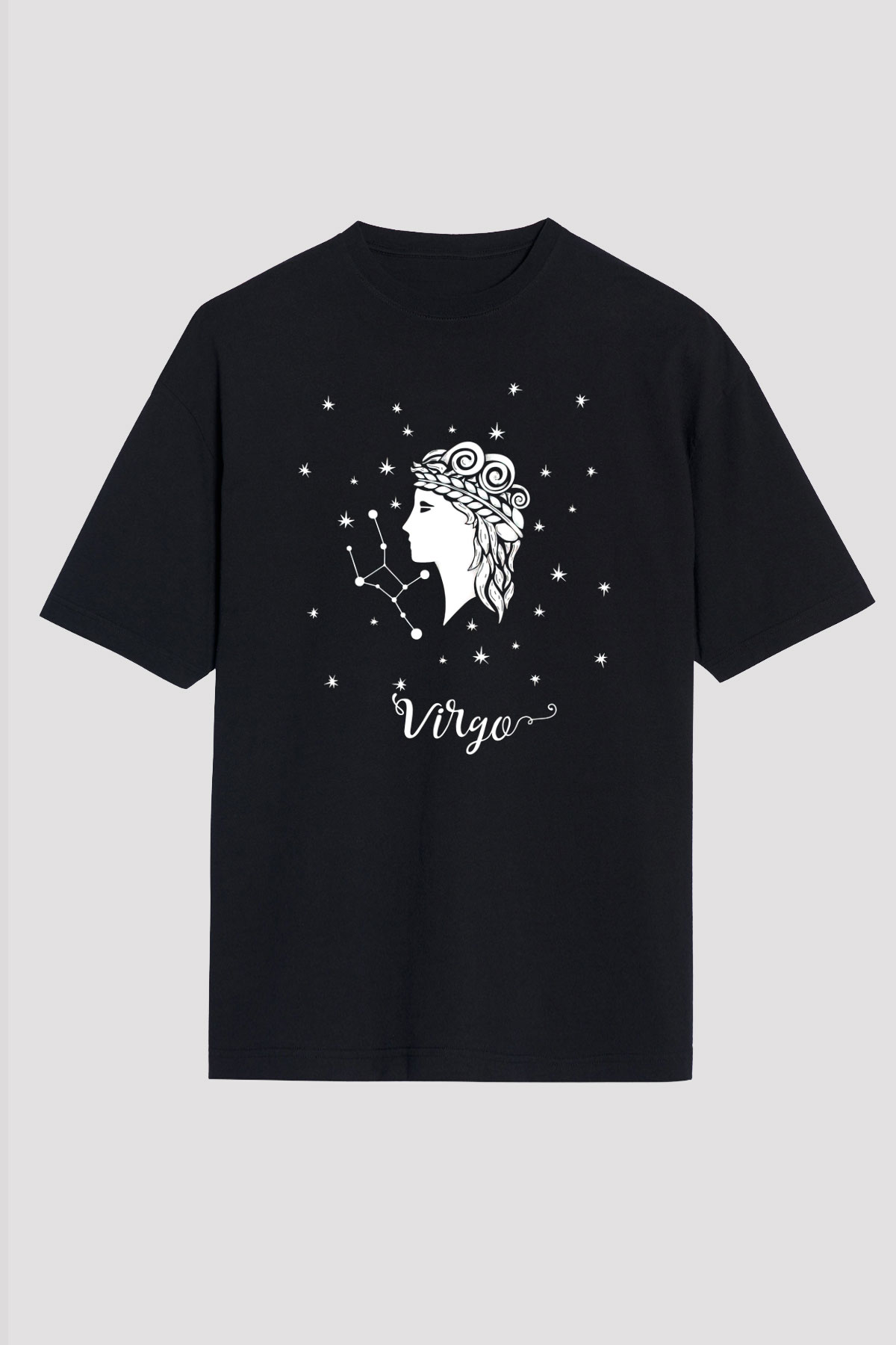 Başak Burcu Baskılı Unisex Siyah Oversize Tişört - Tshirt