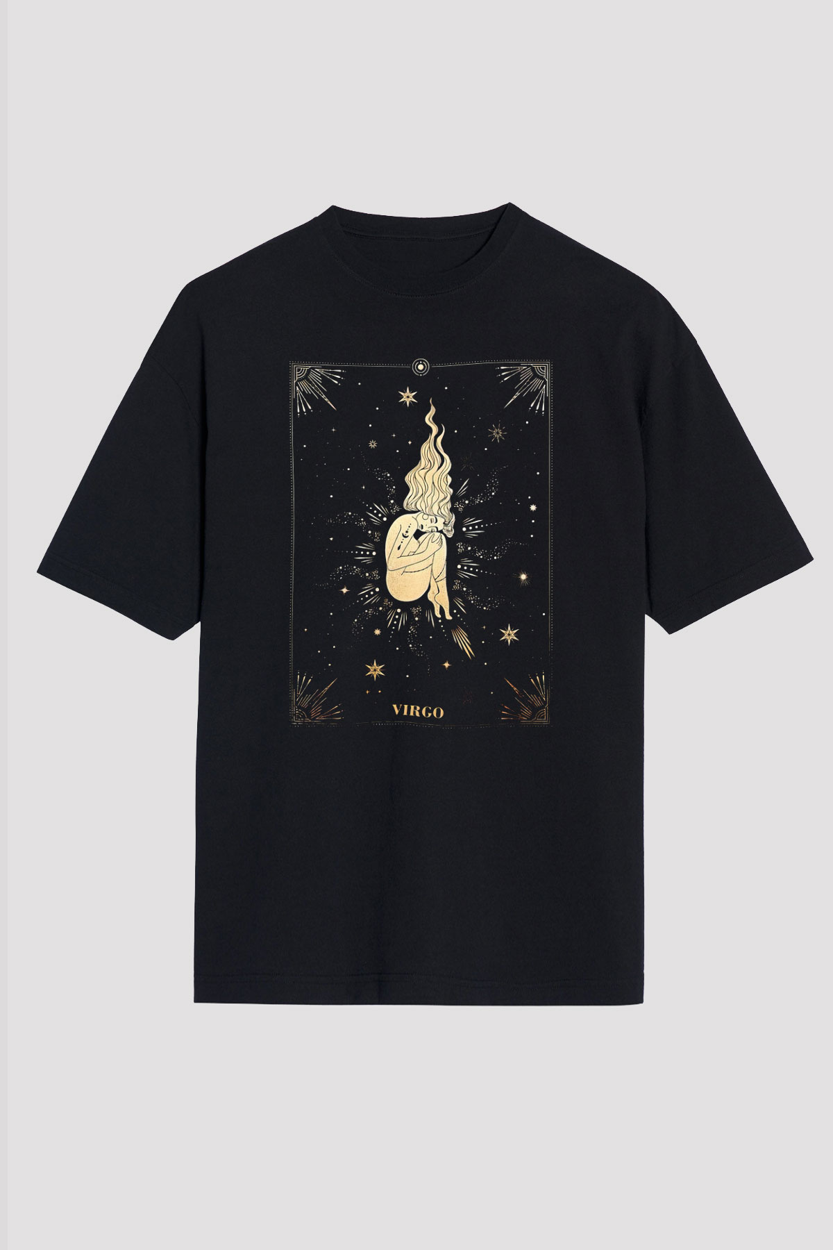 Başak Burcu Baskılı Unisex Siyah Oversize Tişört - Tshirt