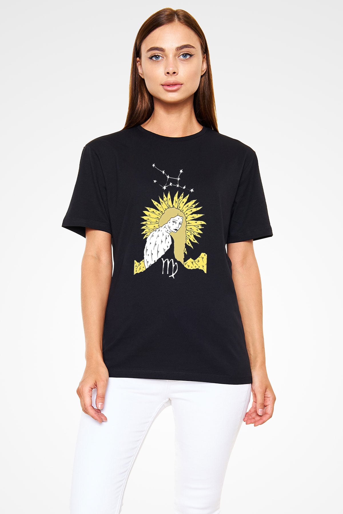 Başak Burcu Baskılı Unisex Siyah Tişört - Tshirt