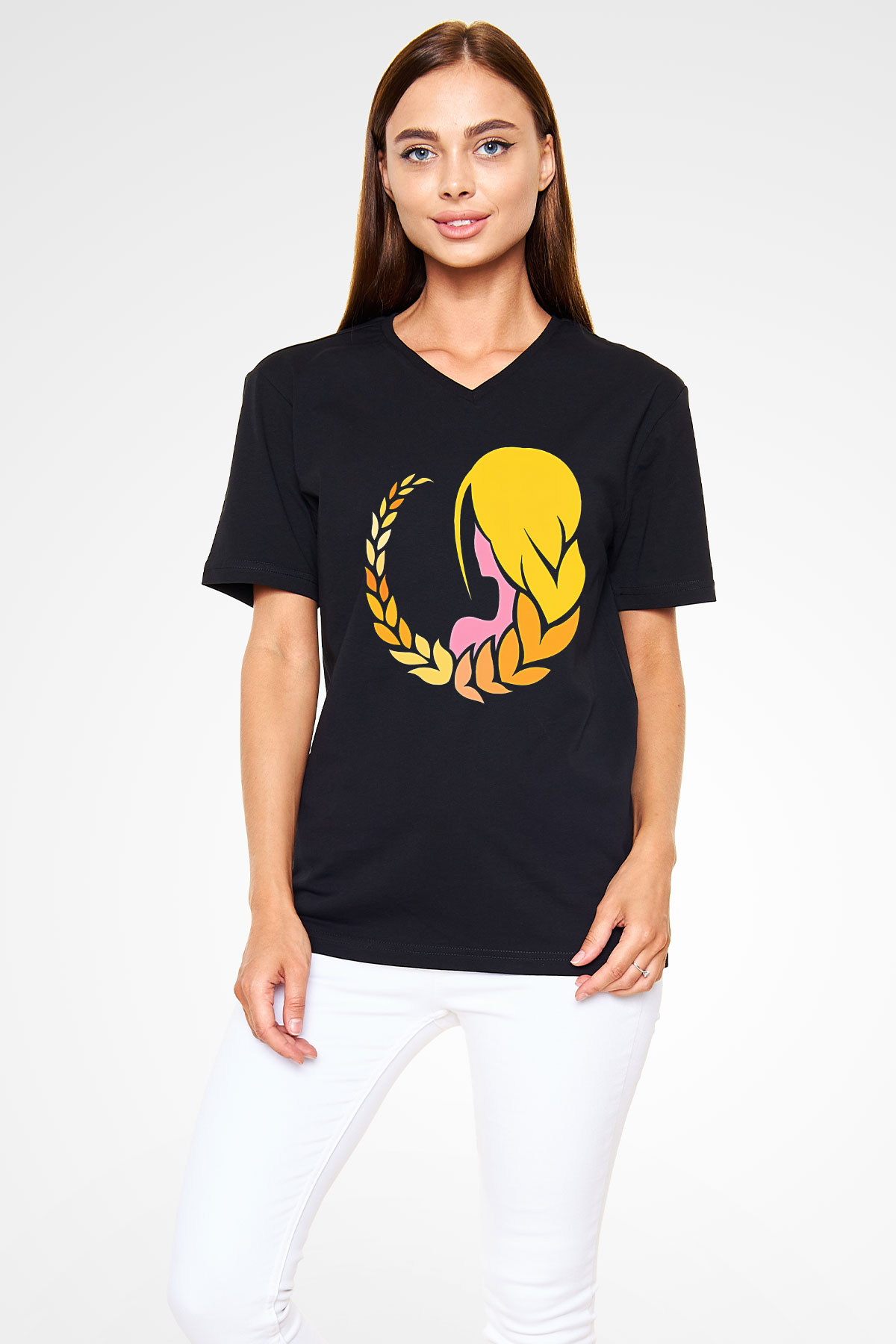 Başak Burcu Baskılı Unisex Siyah V Yaka Tişört - Tshirt