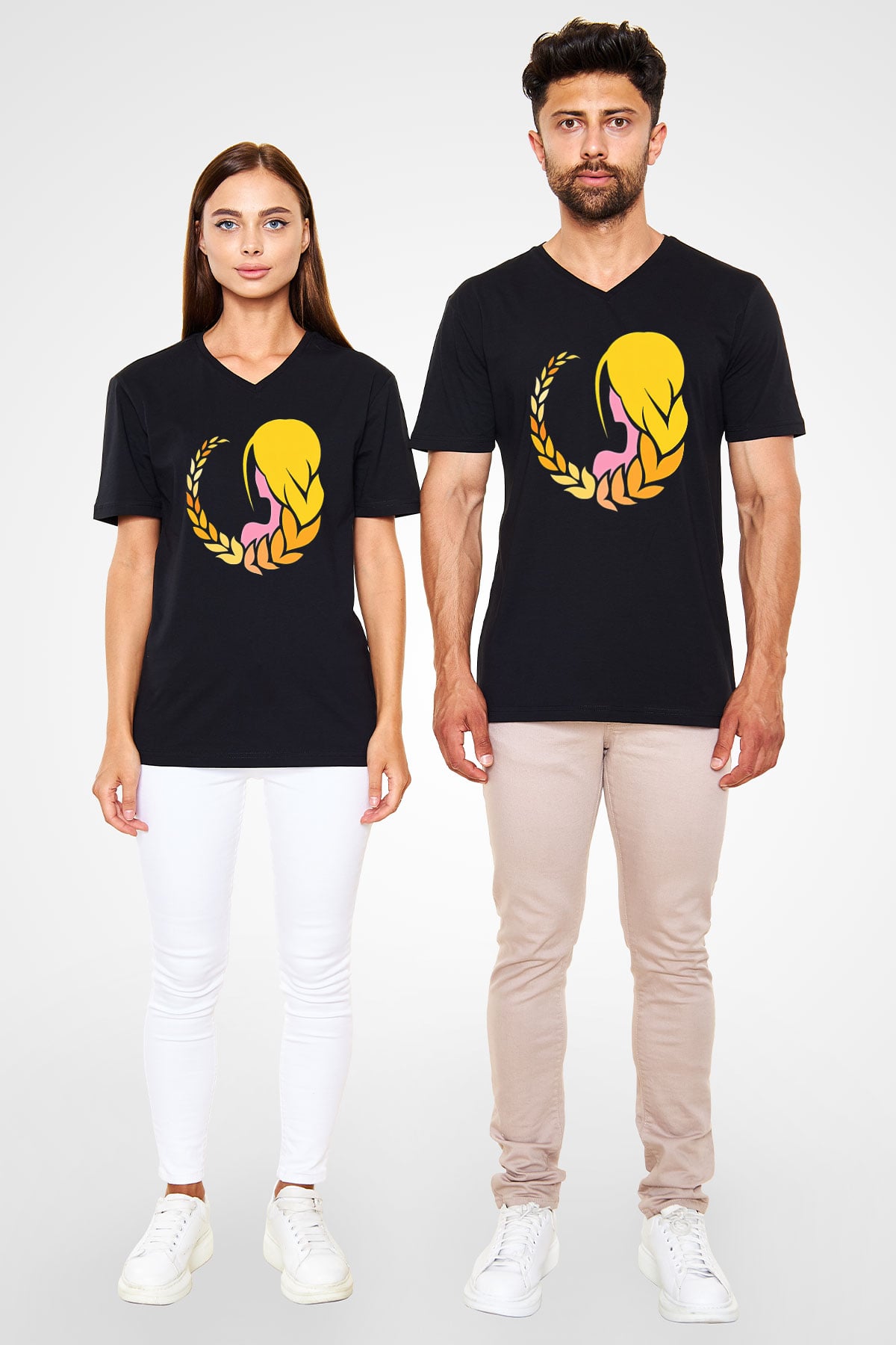 Başak Burcu Baskılı Unisex Siyah V Yaka Tişört - Tshirt